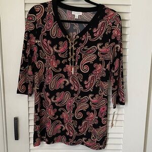 Charter Club Black Paisley Lace-Up Tunic with Pink & Tan Accents